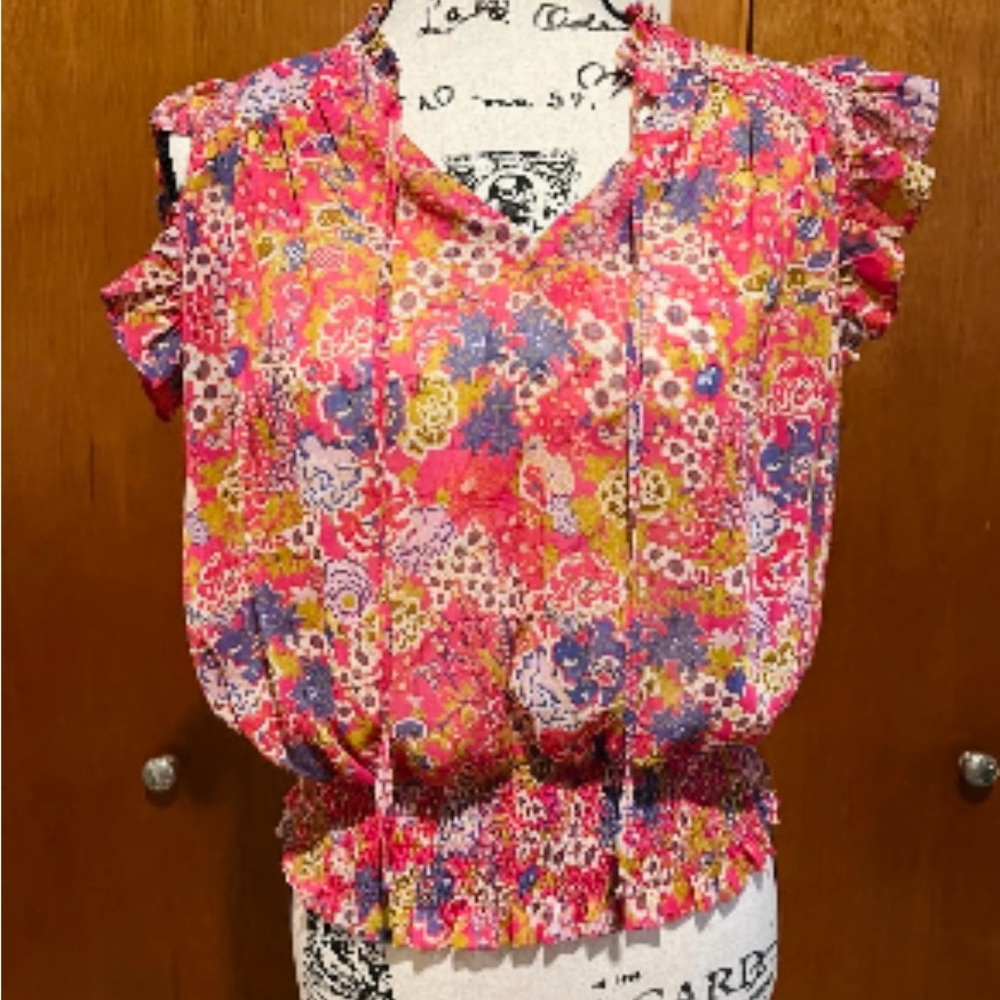 Joie Floral Semi Sheer Metallic Ruffle Smocked Waist Blouse